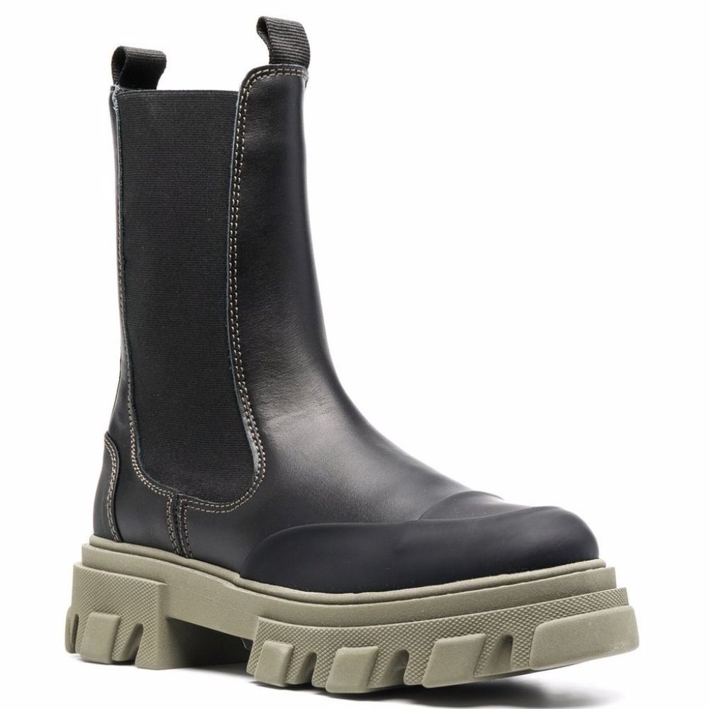 GANNI Leather Lug-Sole Mid Chelsea Booties